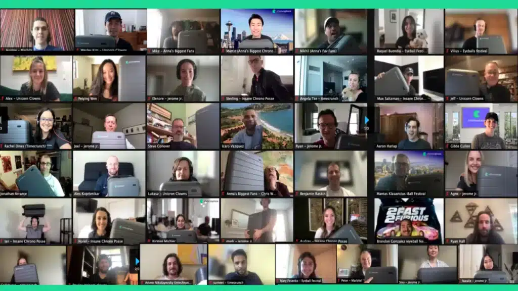 A group of people celebrating their second birthday in a video conference.