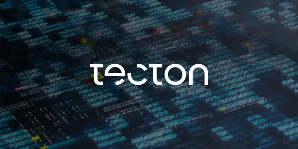 The logo for tecton on a dark background, celebrating its happy second birthday.