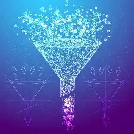A funnel with dots coming out of it on a blue background.