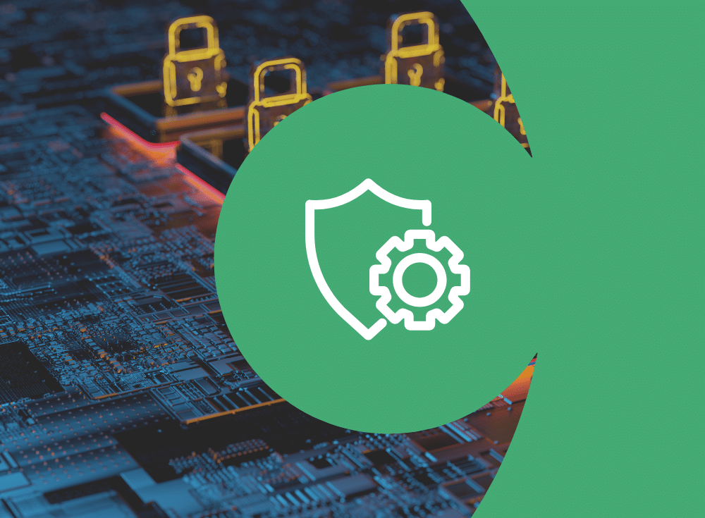 A shield with a gear icon over a green circle, symbolizing code-review and security, placed on a blurred computer motherboard with digital padlocks—echoing Chronosphere’s commitment to streamlined protection.