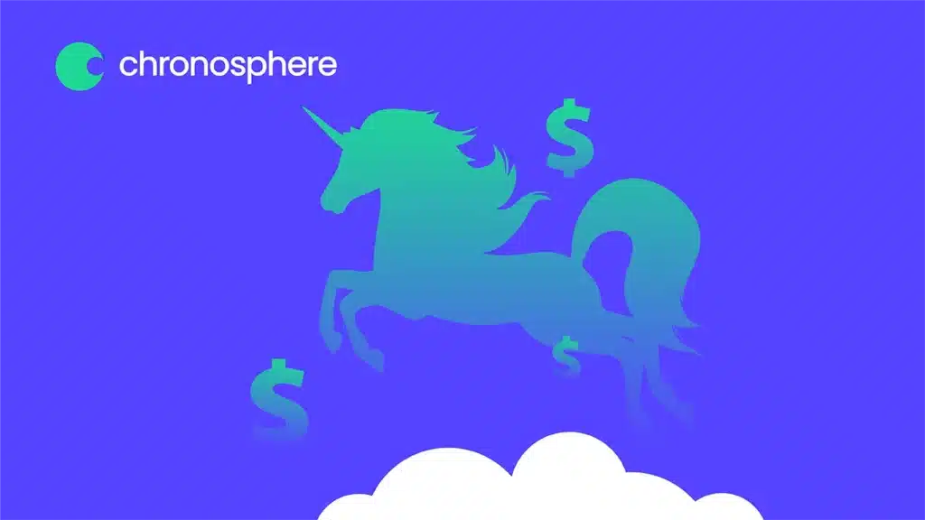 A unicorn from the Chronosphere Team flying gracefully over a cloud.