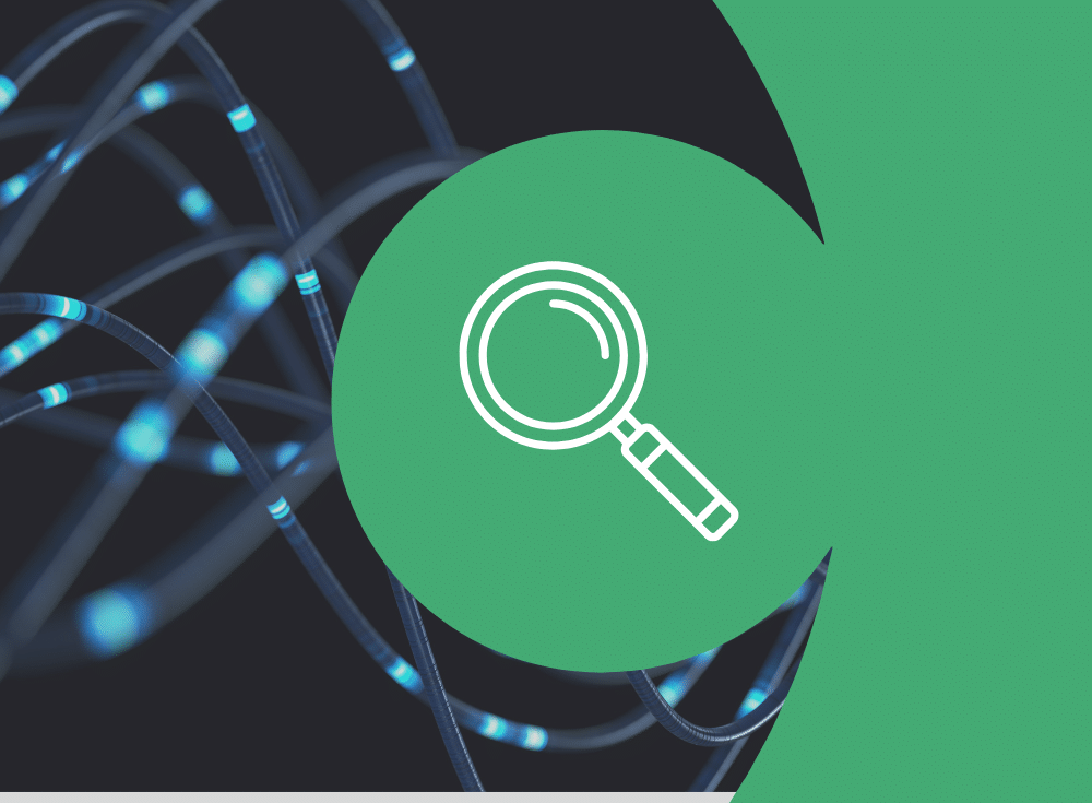 A magnifying glass icon is centered on a green circle overlay, with illuminated blue and black cables in the background—suggesting precision and clarity for release validation in Chronosphere.