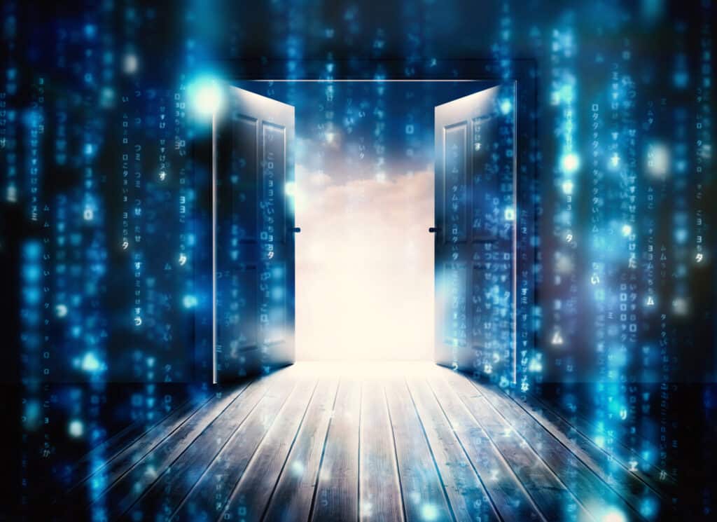 An open door with a blue light shining through it, representing open source tracing.