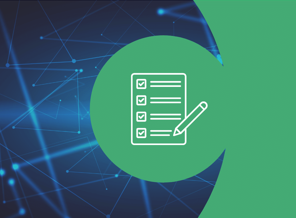 A graphic of a checklist with five checked boxes and a pencil icon, centered on a green circle over a blue digital network background, symbolizes streamlined task management with PagerDuty efficiency.