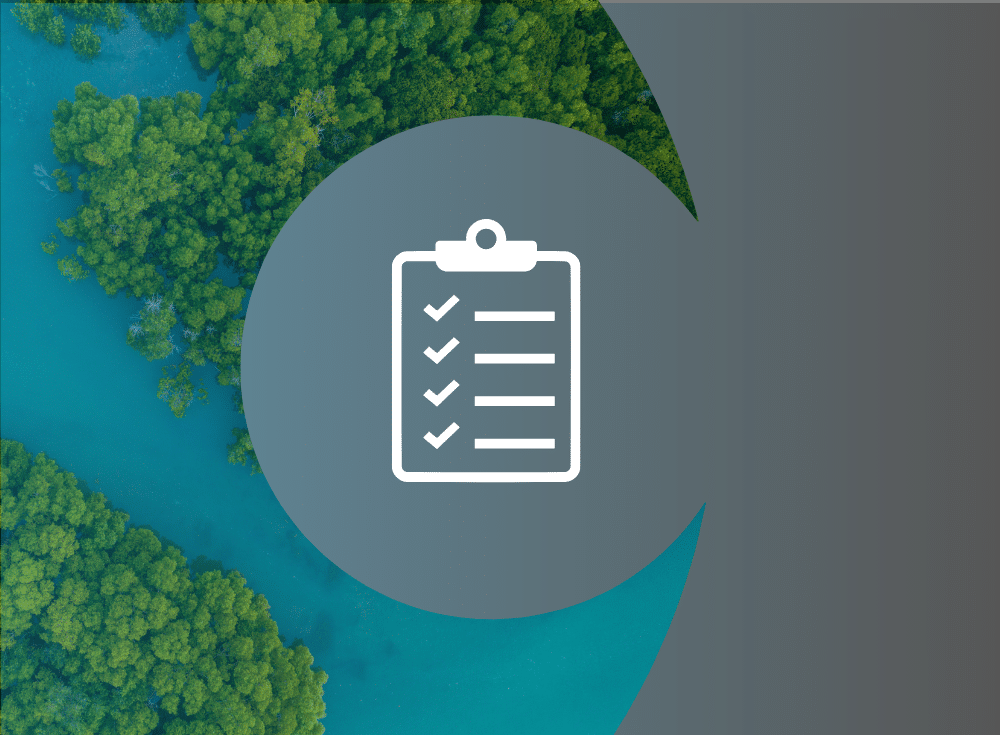 A checklist icon is centered on a semi-transparent grey circle, overlaid on an aerial view of green trees beside blue water—perfect to represent Real-Time Aggregation with M3 or Thanos.