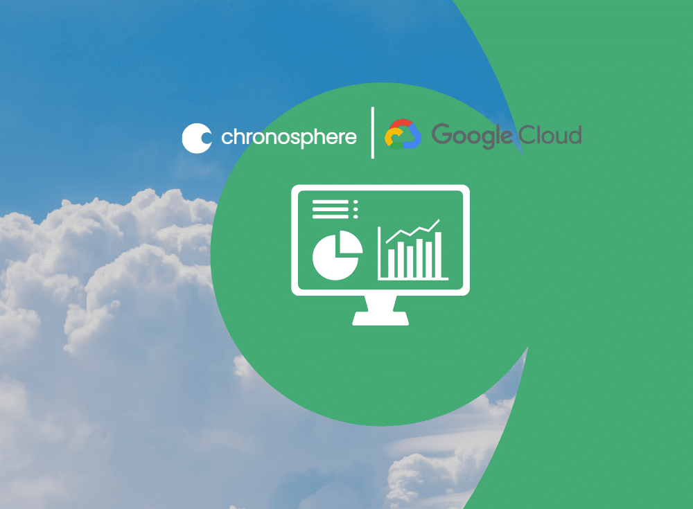 A computer monitor displays data charts. The logos for Chronosphere and Google Cloud appear above, set against a cloudy sky background, highlighting their integration with Google Kubernetes Engine.