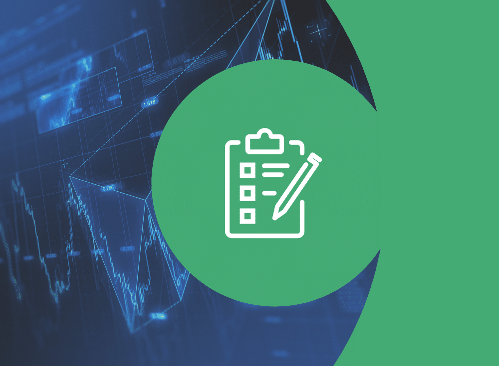 A white clipboard with a checklist and pencil icon is centered on a green circle overlaying a blue graph with financial data in the background, representing M3DB index optimization.