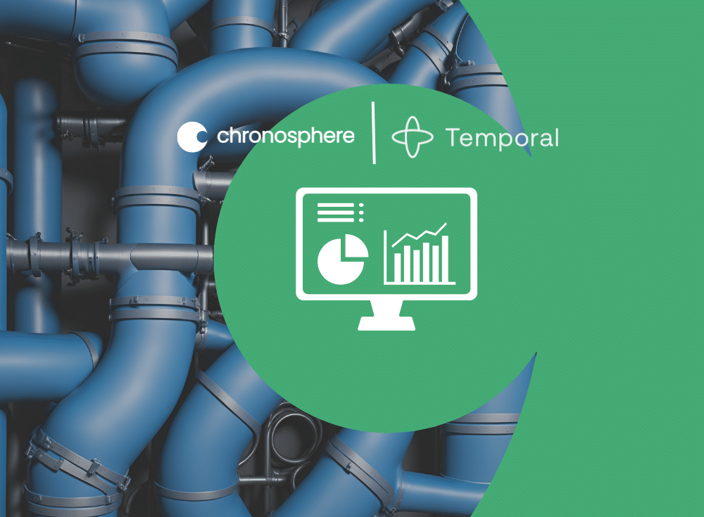 A network of blue pipes forms the background, with Temporal and Chronosphere logos above a green circle showcasing a computer with data charts—highlighting an advanced deployment system.