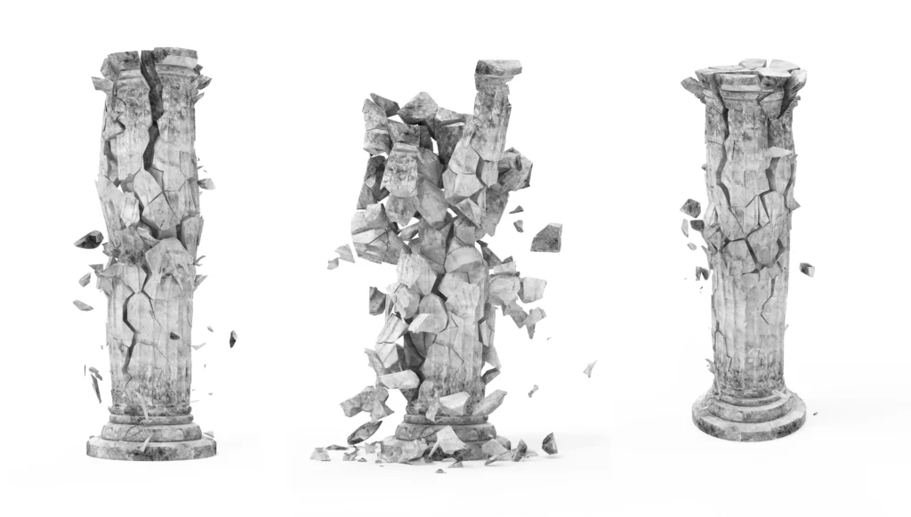 A group of broken columns on a white background.