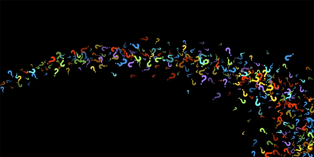 A colorful swirl of letters on a black background.