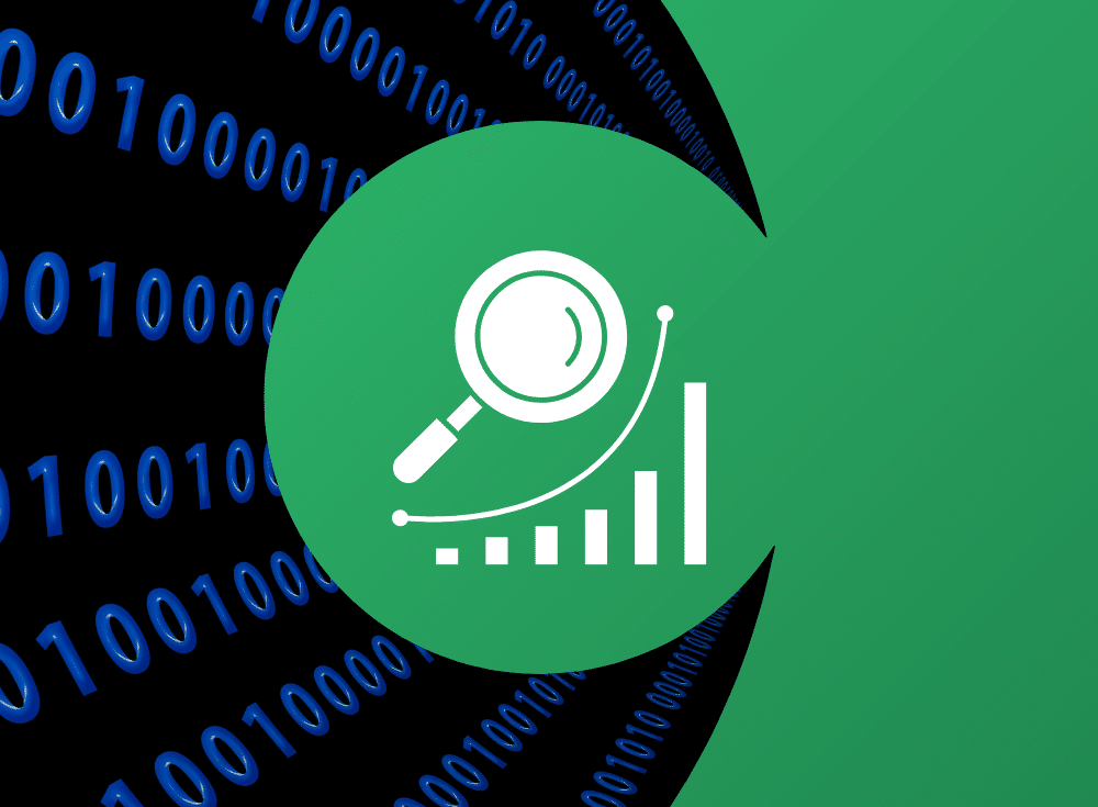 A green background with a magnifying glass examining metric data and binary numbers.