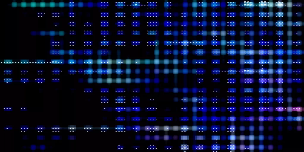 A black background with blue squares on it, forming a visually striking wrangle of geometric patterns.