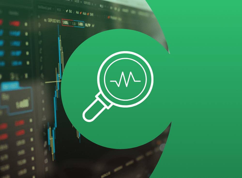 A magnifying glass on a green background with a stock chart providing observability into APM Vendors.