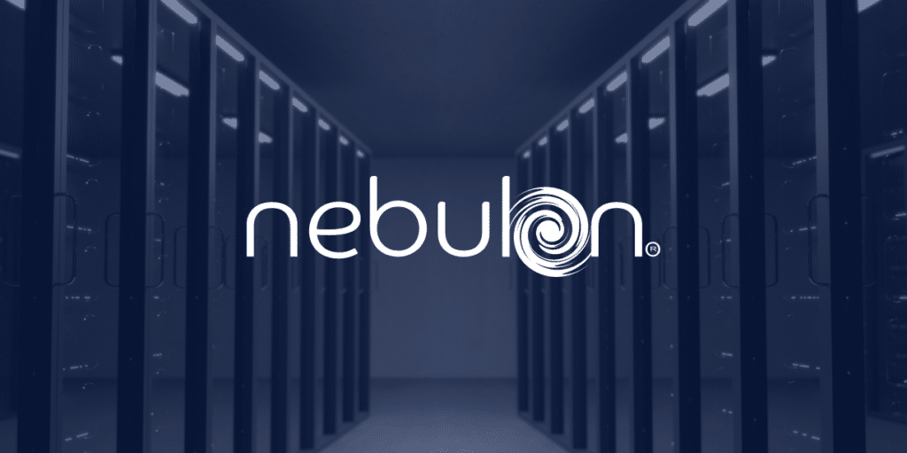 The logo for Nebulon on a blue background, representing their cloud-managed edge infrastructure.