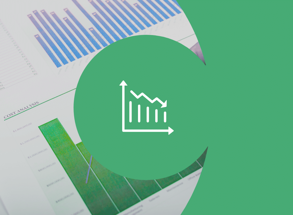 A white line graph icon overlays financial bar charts with green and blue tones, partially covered by a green circular graphic, symbolizing Chronosphere’s control plane in reducing costs.