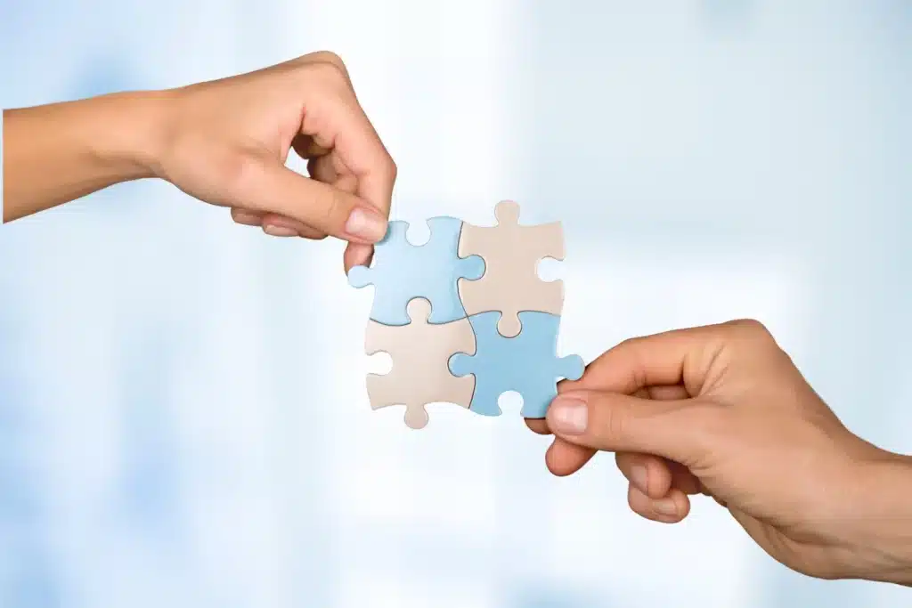Two hands holding a piece of jigsaw puzzle, demonstrating compatibility between Prometheus vendor products.