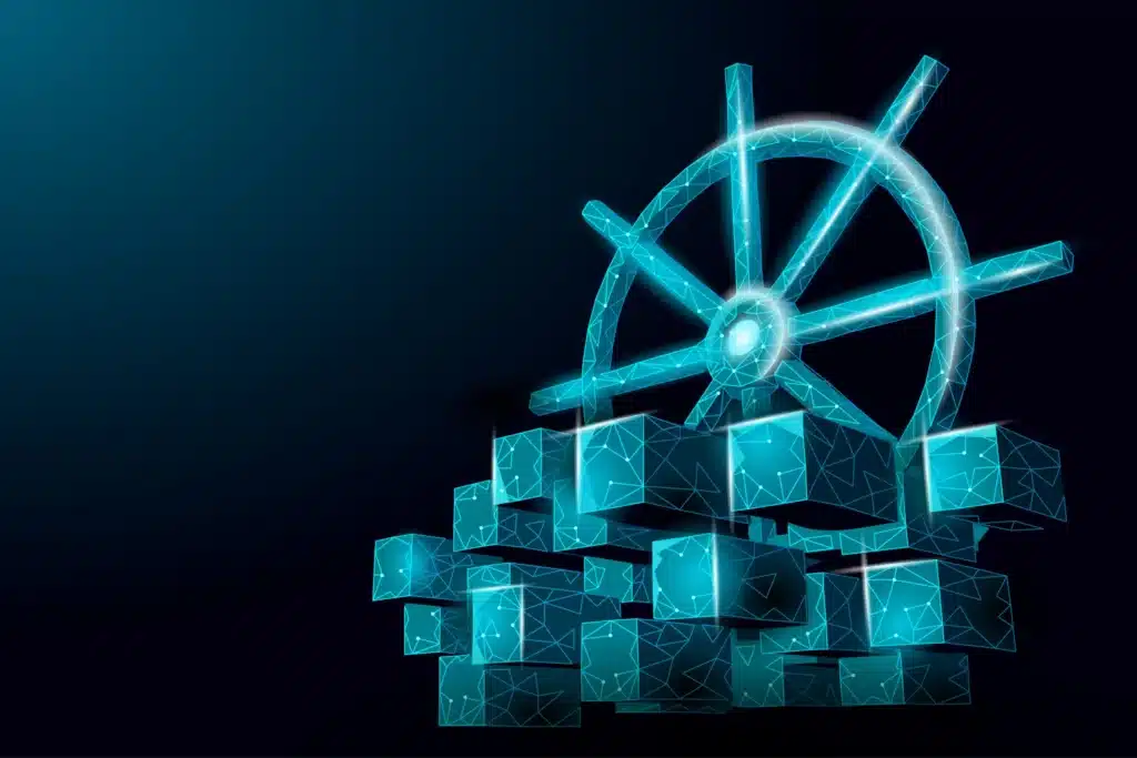 A ship wheel with cubes on a dark background, providing a visual guide for Kubernetes monitoring.