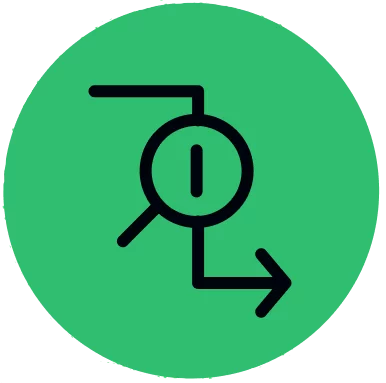 A green circle with a magnifying glass icon.