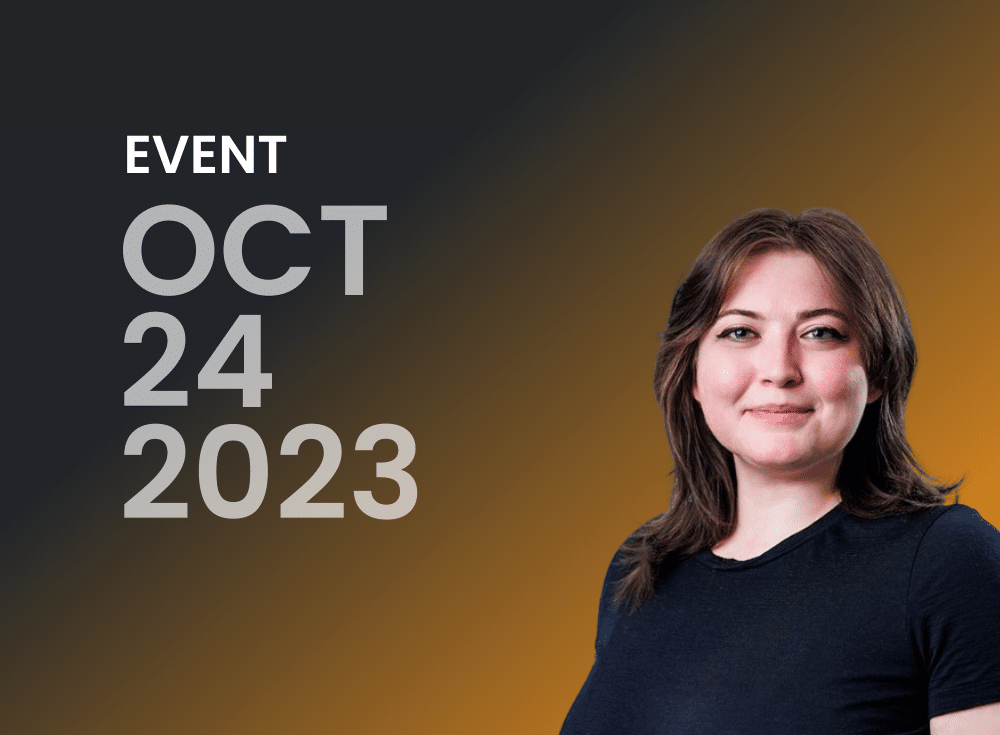 A woman is standing in front of an orange background with the words Virtual Event - October 24th, 2023.