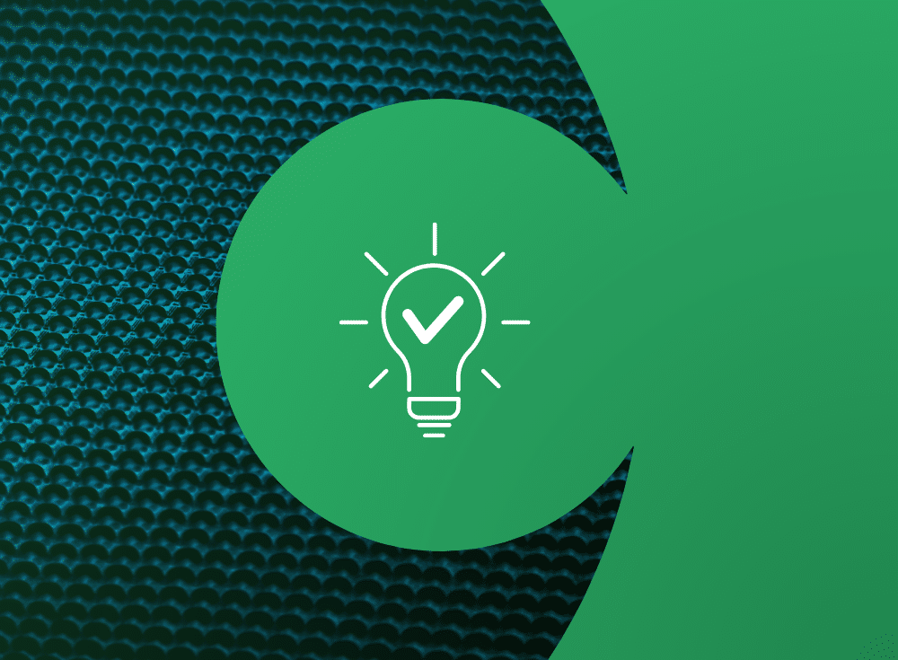 A green circle with a white lightbulb icon and checkmark inside, set against a dark textured background with a green overlay on the right side, presents an idea ready for action.