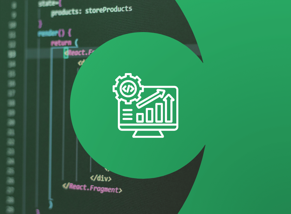 A monitor icon with graphs and settings is overlaid on a green background, featuring code snippets in the backdrop to measure developer productivity.