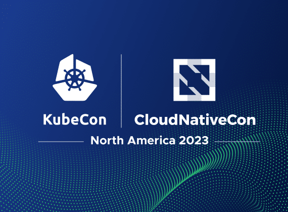 Kubecon and cloud nativecon logos on a blue background.