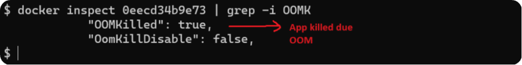 Terminal screenshot showing a Docker command with results indicating "OOMKilled": true. A red arrow points to a comment, "App killed due to OOM," highlighting the need for Fluent Bit integration to prevent data loss under backpressure conditions.