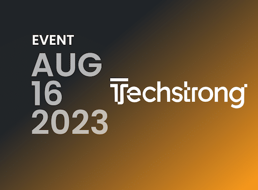 Techstrong event logo on a vibrant orange background.