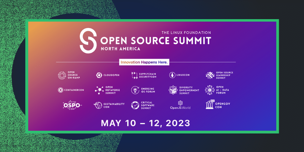 The Open Source Summit logo showcased on a vibrant green background at the North America event.