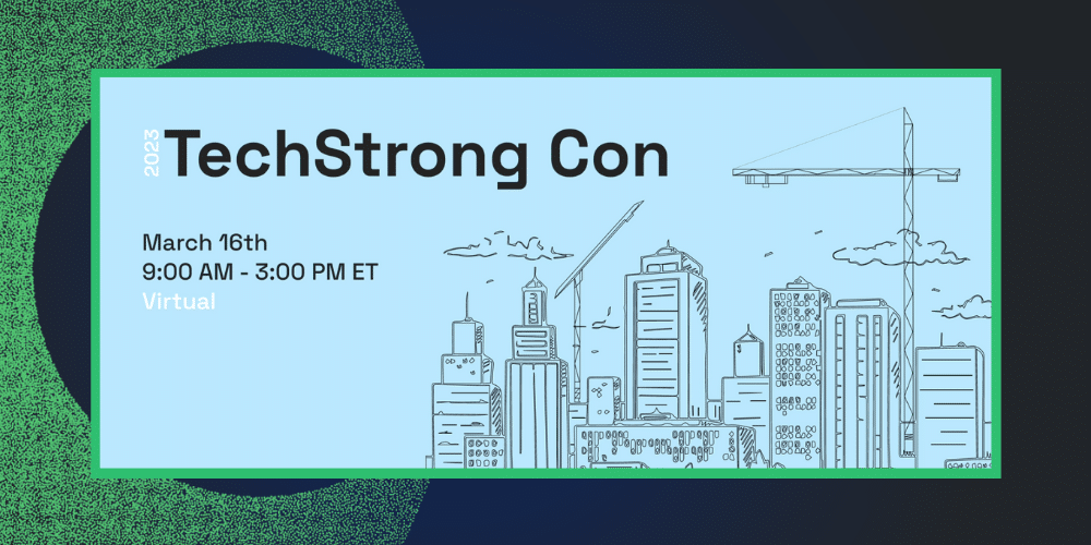 TechStrong Con logo featuring a city skyline and cranes.