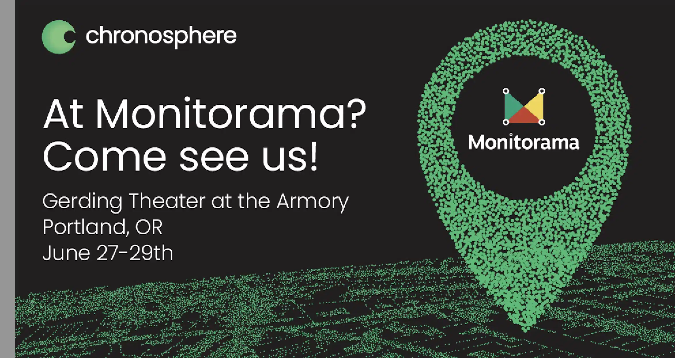 A Monitorama 2022 poster inviting attendees to come see us, featuring the words "monitorama? come see us".