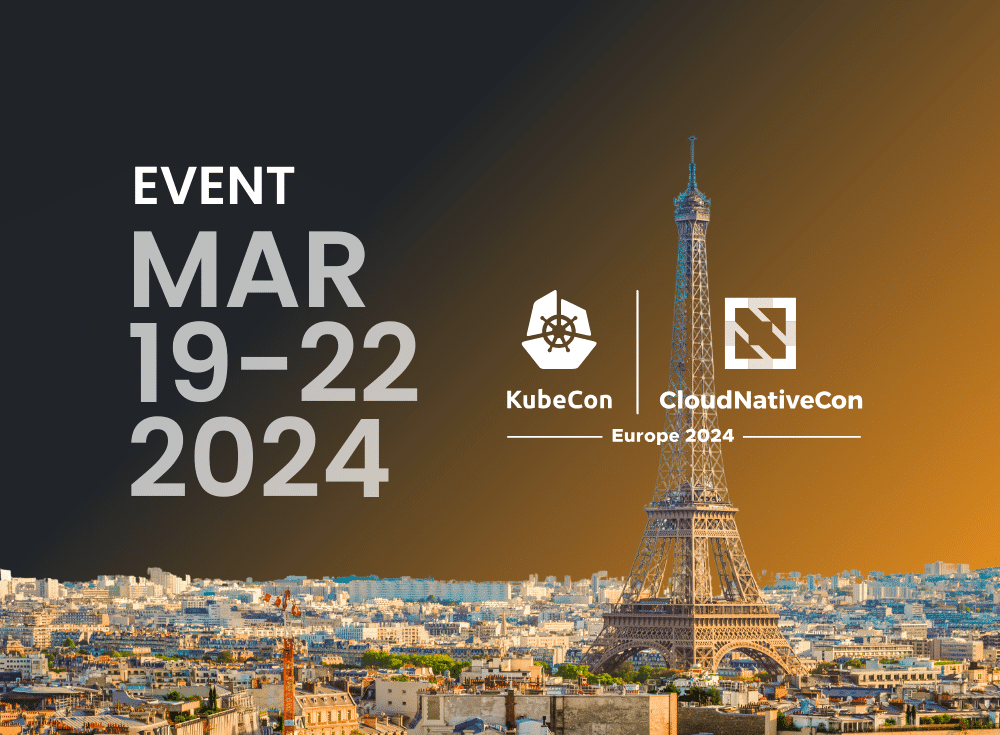 Eiffel tower with the words event KubeCon Europe, March 22-23, 2022.
