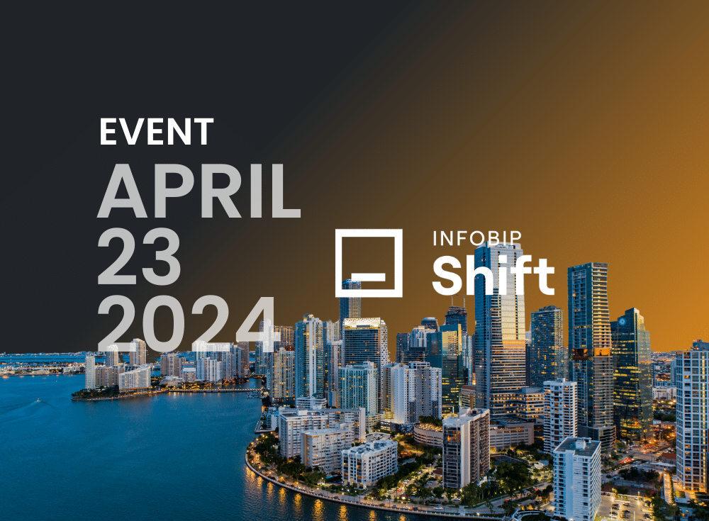 A cityscape with the words "InfoBip Shift Conference Miami, April 23rd" event.
