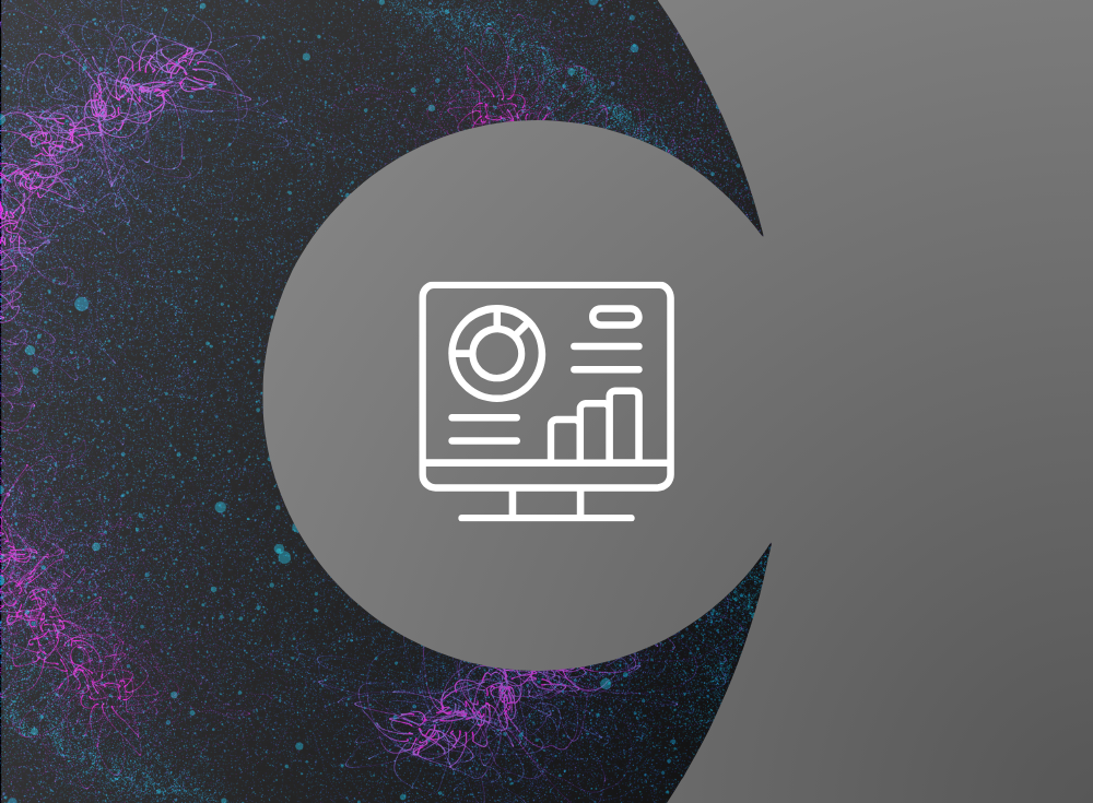 Illustration of a computer screen displaying graphs and charts on a gray background with abstract purple and blue patterns, reminiscent of data visualizations in OpenTelemetry.