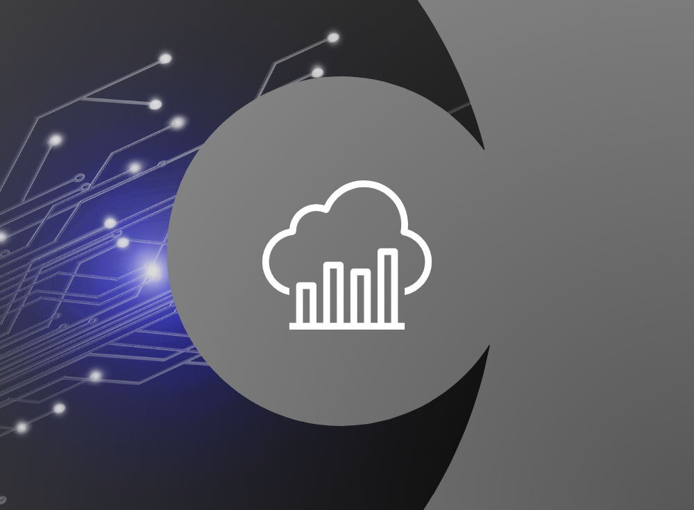 Stylized cloud icon with vertical bars on a circular, gray gradient background, featuring blue and white lines resembling circuitry to the left, reminiscent of AWS X-Ray visualizations.