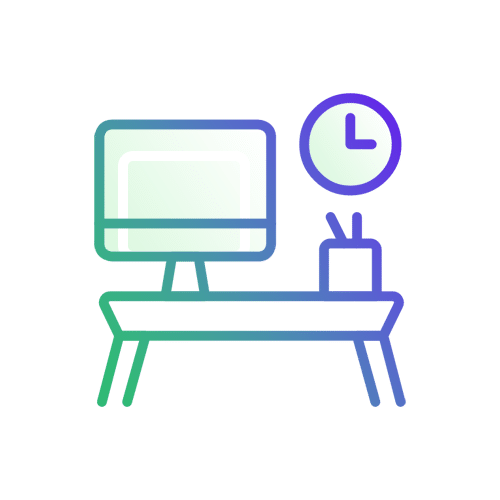 A stylized icon depicting a desktop computer on a table with a small plant beside it and a clock above.