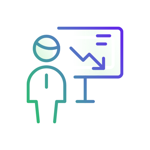 A stylized icon of a person standing next to a presentation board with a line chart.