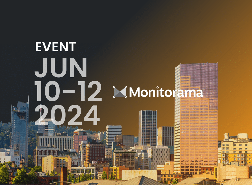 Promotional graphic for the Monitorama 2024 event taking place from June 10-12, with a backdrop of a city skyline during sunset.