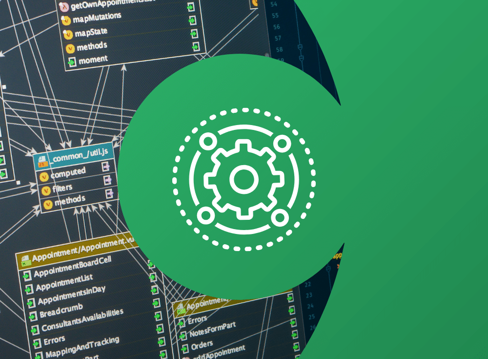 A graphical overlay of a gear icon on a background displaying programming code and software development elements, including Google Cloud integration.