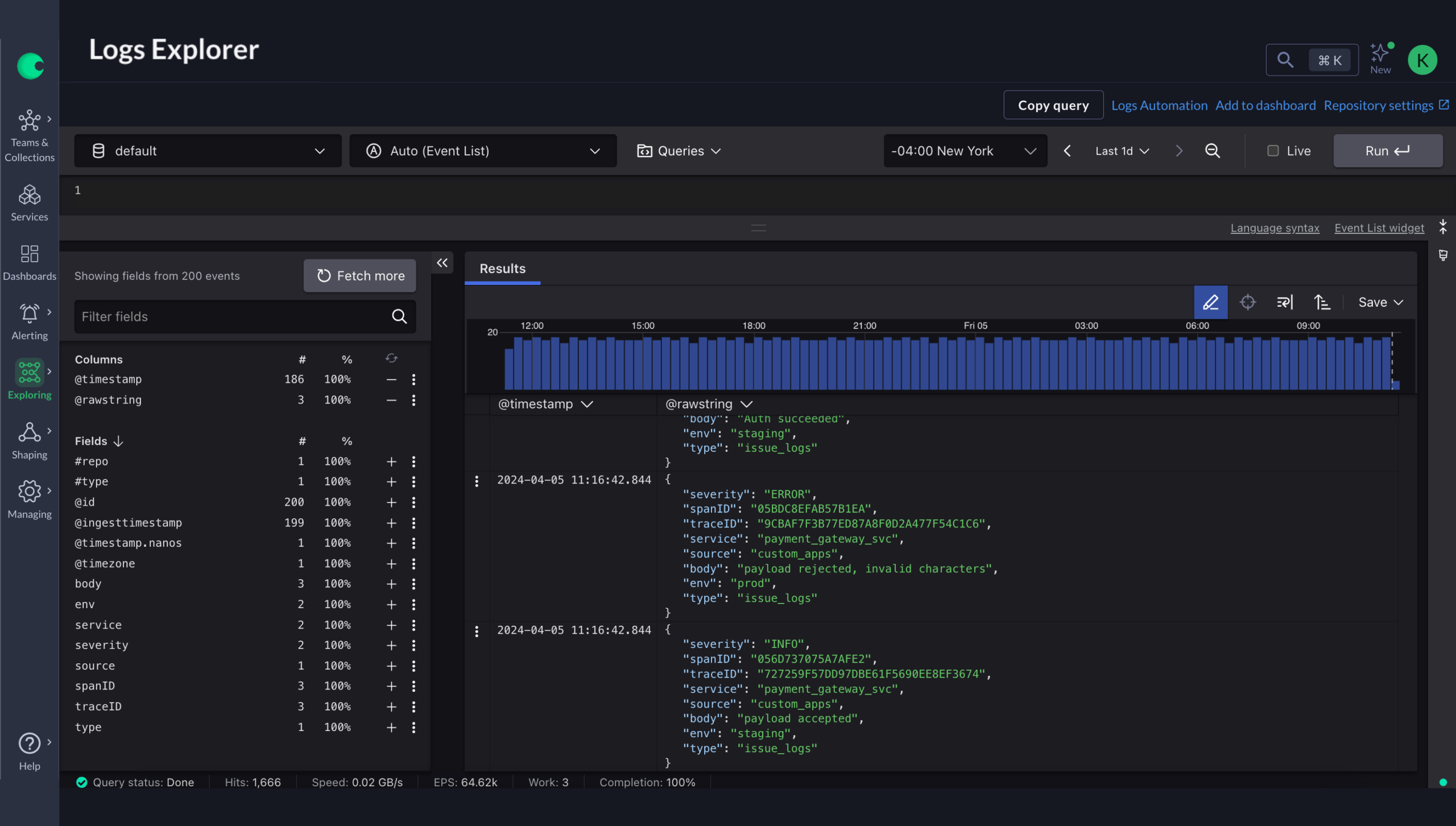A screenshot of a logs explorer interface displaying a variety of log entries and structured logs data on a dark background.