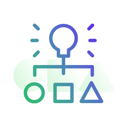 Abstract illustration of an idea generation and decision-making process with shapes and a lightbulb icon.