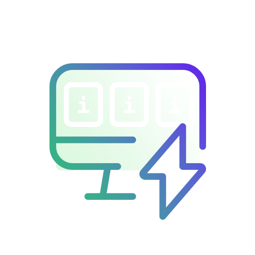 A stylized icon depicting a computer monitor with a lightning bolt and chat bubbles, possibly symbolizing online communication or support.