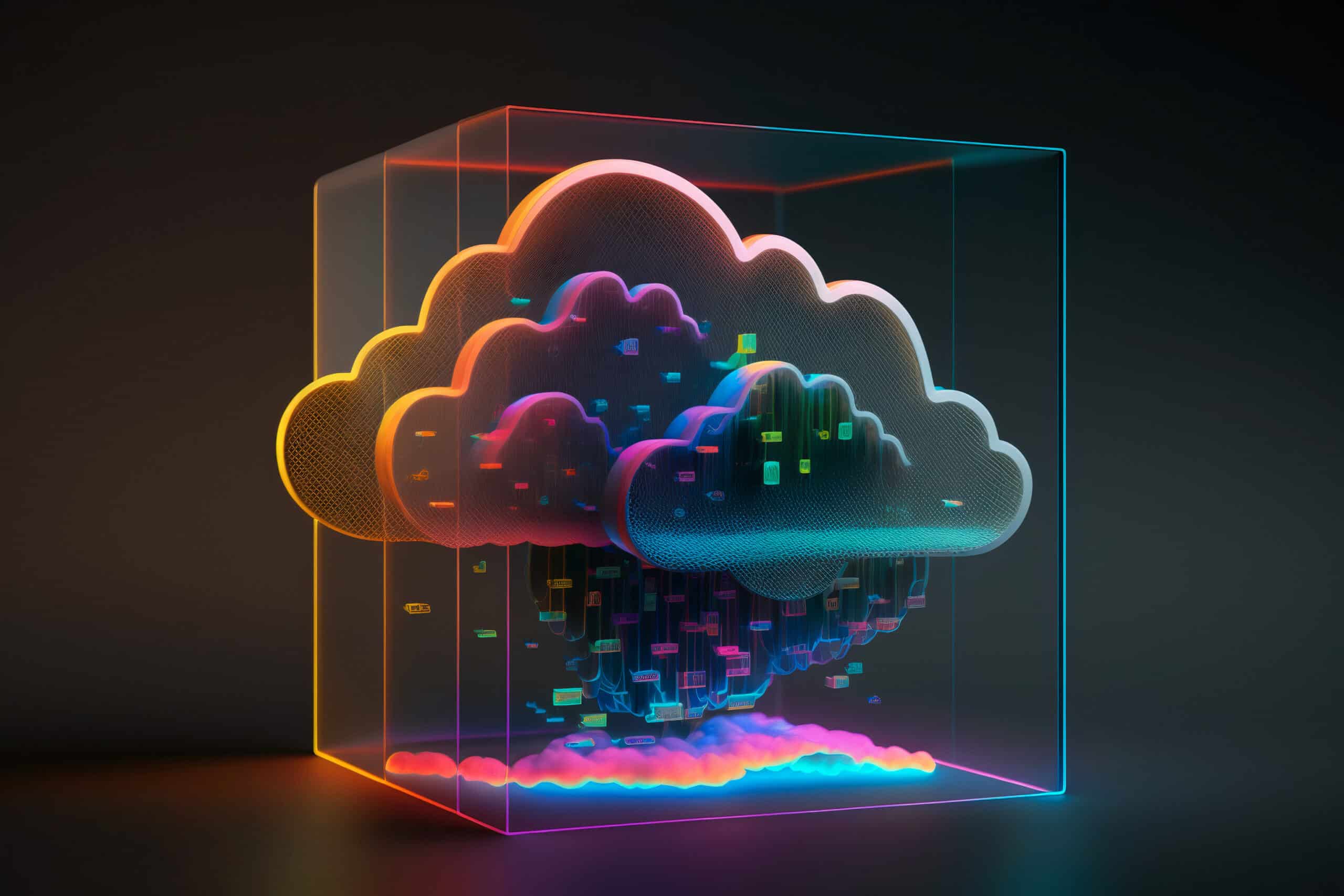 A glowing digital cloud encased in a transparent cube stands at the center, with colorful data points floating around, symbolizing cloud computing and resource-rich data storage.