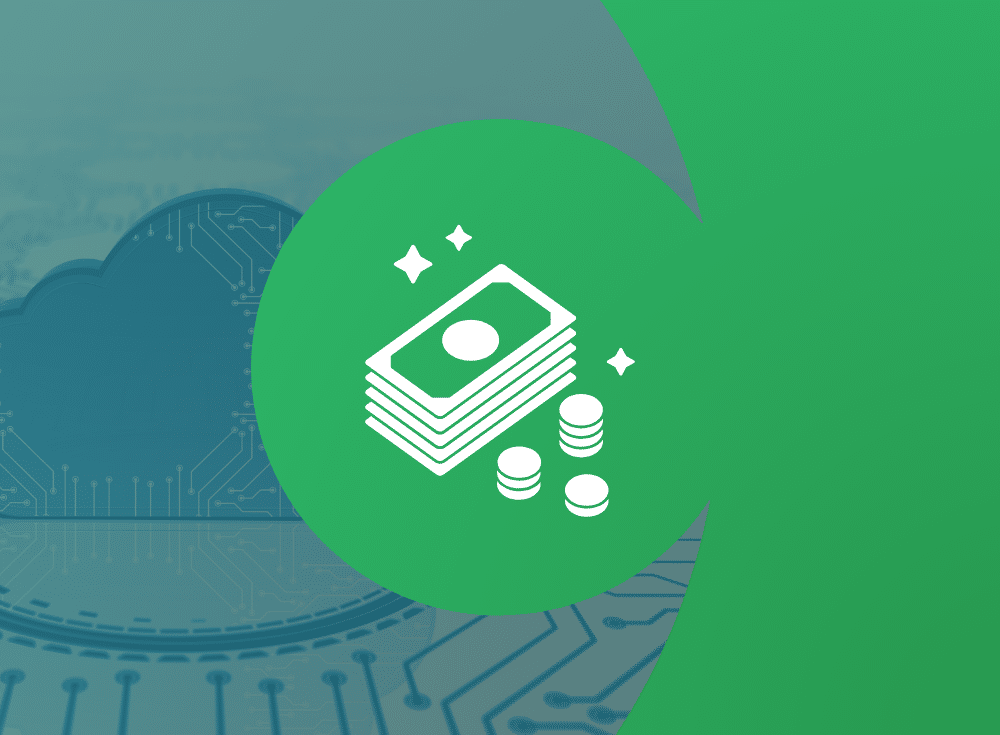 A green circle with white icons of stacked cash and coins overlays a blue background featuring a cloud native design with a cloud and circuit pattern.