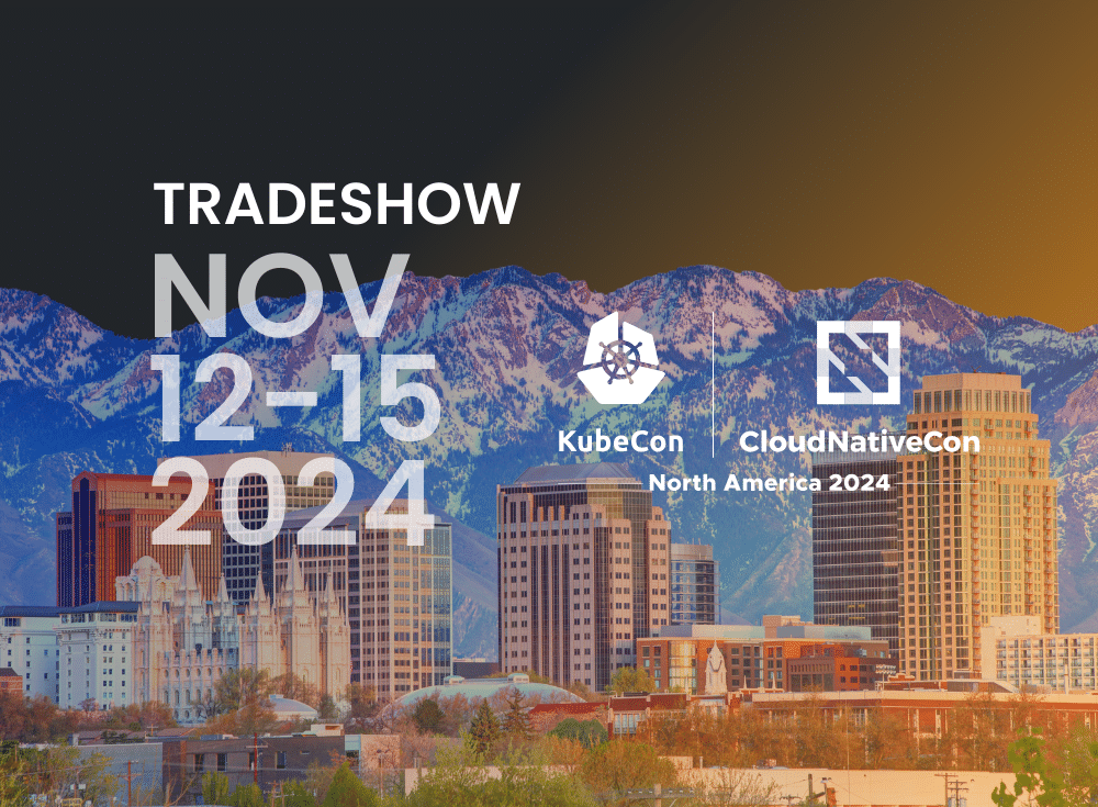 A tradeshow announcement for KubeCon NA 2024 and CloudNativeCon North America, set for November 12-15, with a city skyline and mountain backdrop.