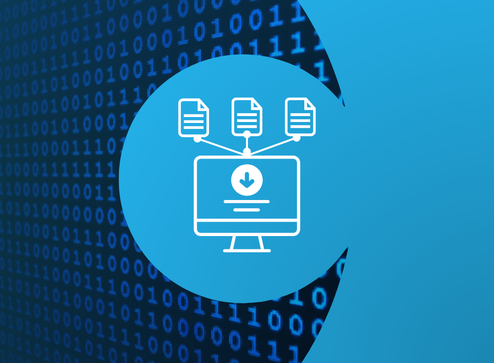 A computer monitor icon with a download symbol is shown, connected to three document icons, representing a streamlined telemetry pipeline. The background features binary code.