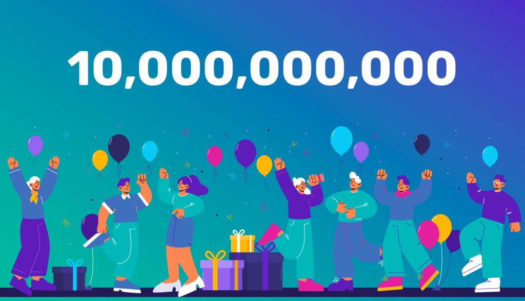 Illustration of people celebrating with balloons, gifts, and confetti under a large "10,000,000,000" sign on a gradient blue and purple background to commemorate Docker pulls.