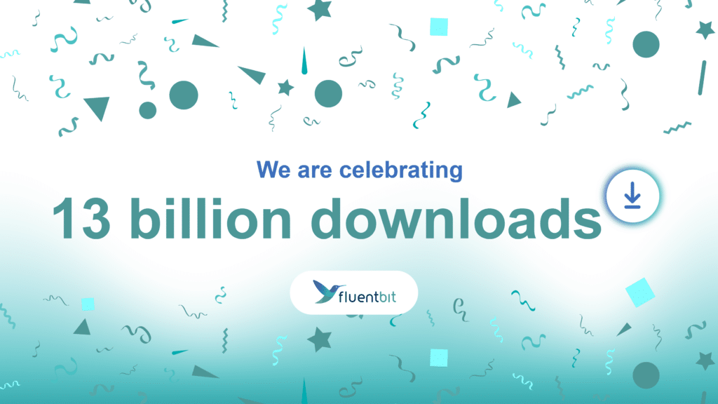 Image with confetti and a message reading "We are celebrating 13 billion downloads" accompanied by the Fluent Bit logo and announcing our latest release, v3.