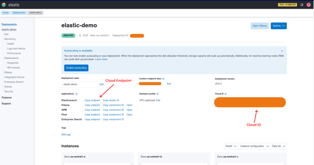 Elastic Cloud dashboard displaying deployment details. Key items highlighted include "Cloud Endpoint" and "Cloud ID." Options to edit settings, enable autoscaling, and perform actions are available.