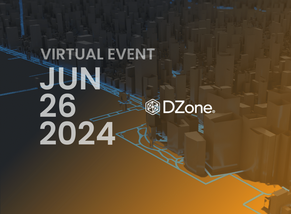 Promotional image for a Cloud Native virtual event on June 26, 2024, by DZone, featuring a stylized cityscape background with digital grid lines.